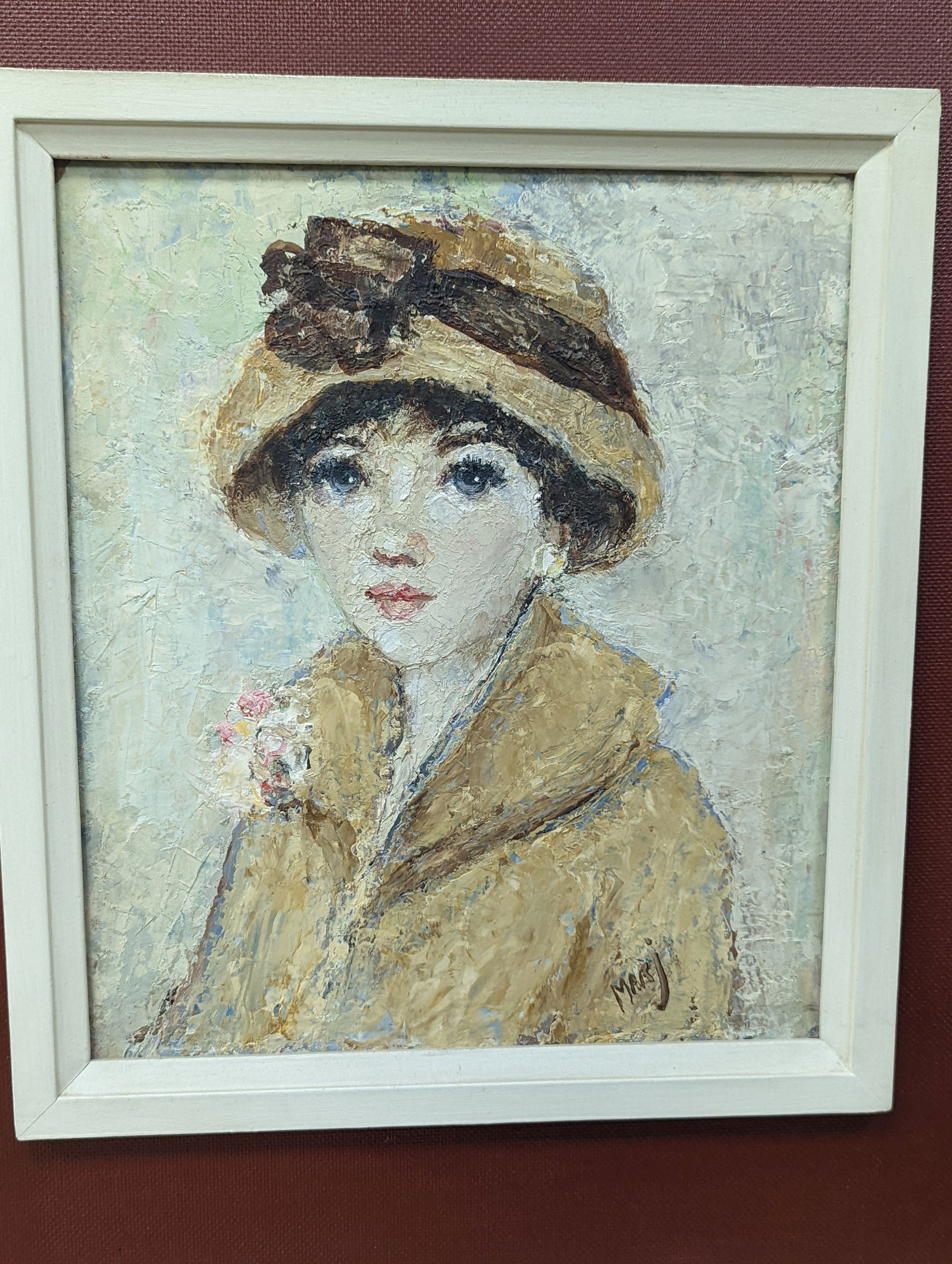 Modern British, Oil on board, mid 20th century Portrait of a lady, signed Marj, 27 x 23.5cm